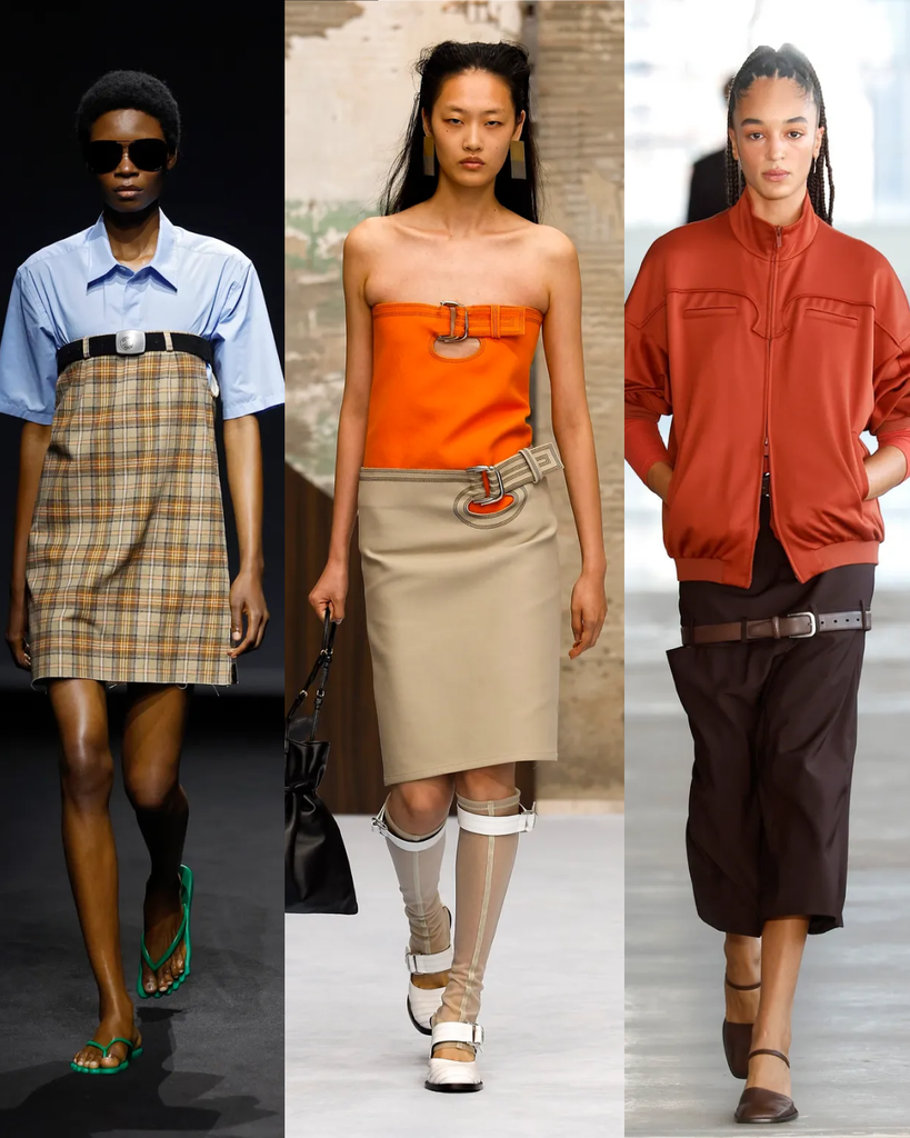 Triptyque mode Printemps-Été 2027 de MM6 Maison Margiela, Marni et Tibi démontrant des variations de tailles hautes, basses et des proportions désaccordées.