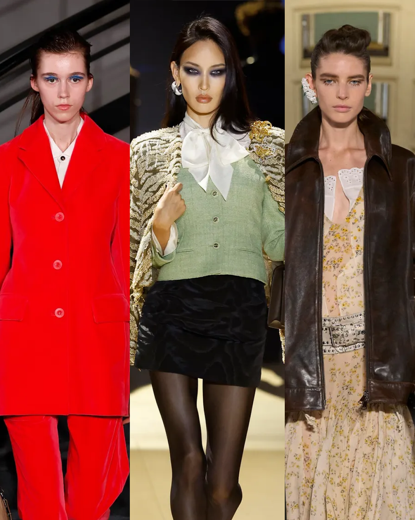 Triptyque de mises en beauté des défilés SS27 de Proenza Schouler, Gucci et Altuzarra, mettant en valeur l'intensité des regards avec des aplats optiques et charbonneux.