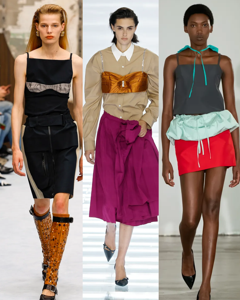 Triptyque de mode défilé SS27 montrant des looks de Marni, Prada et Lii explorant le collage, l'accumulation graphique et la déconstruction texturée.