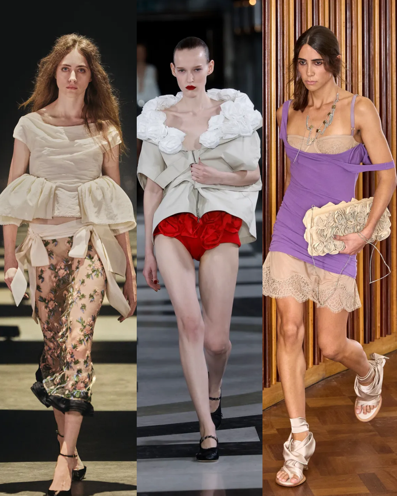 Triptyque mode Printemps-Été 2027 présentant des silhouettes de Khaite, Simone Rocha et KNWLS illustrant un romantisme libéré et une mise à nu intime de jour.