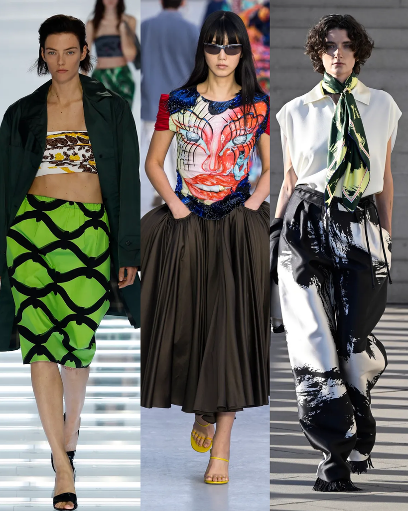 Triptyque de silhouettes colorées des défilés SS27 de Prada, Moschino et Roksanda mettant en scène des clashs pop et des compositions picturales.