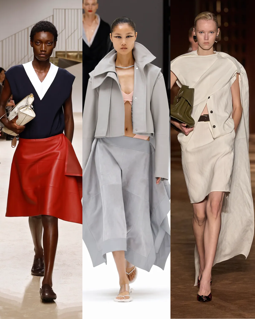 Triptyque mode minimaliste pour la saison SS27 par Tod's, Sportmax et Ferragamo, axé sur des silhouettes rigides, des matières amidonnées et des pliages origami.