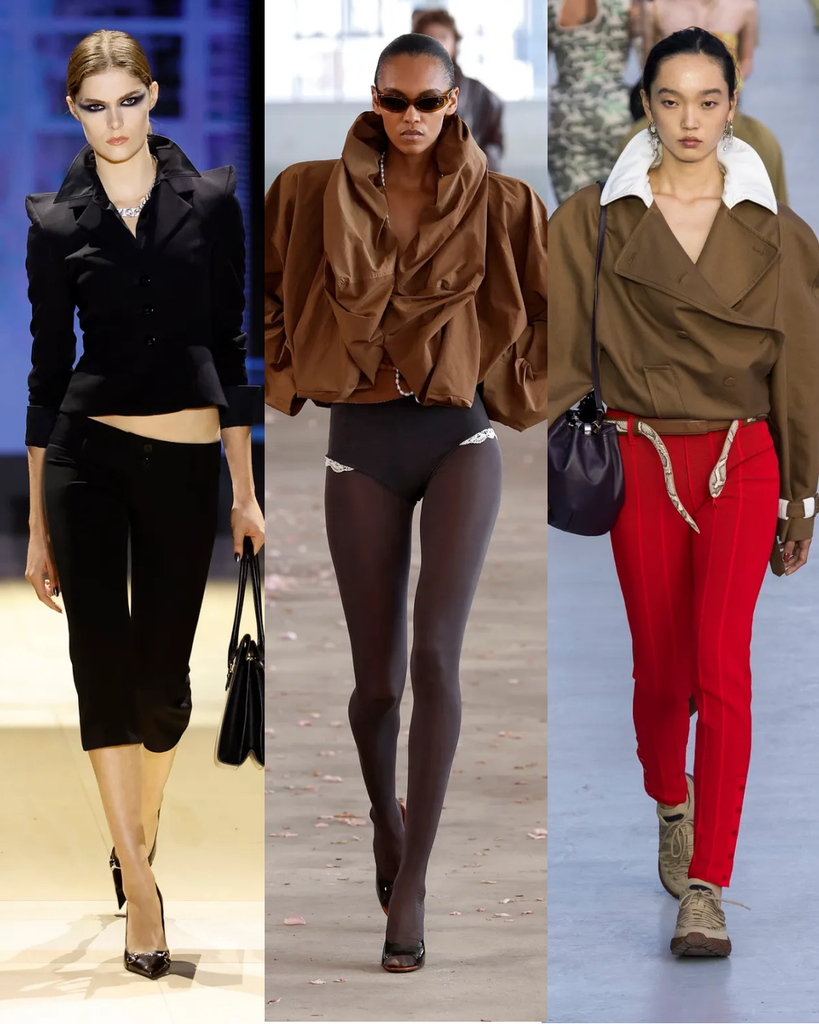 Triptyque de silhouettes athleisure sophistiquées issues des collections SS27 de Gucci, Magda Butrym et Moschino, combinant confort et sensualité active.